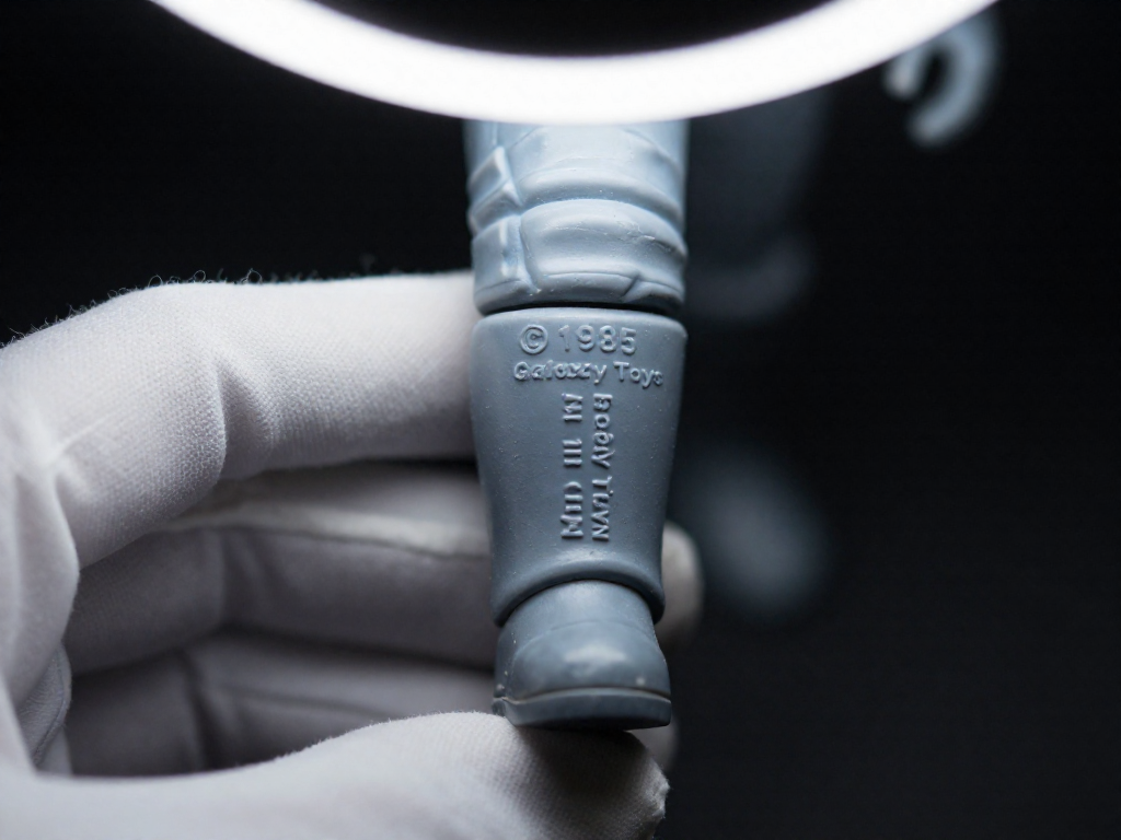 Extreme close-up of the back of a space action figure leg showing molded toy manufacturer markings, held by a gloved hand against a dark background.