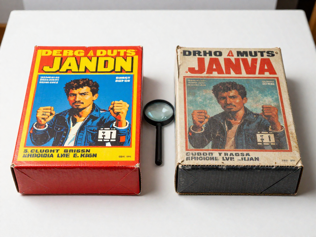 Side-by-side comparison of a genuine vintage game box and a counterfeit, with crisp printing on the left and blurry, faded printing on the right.