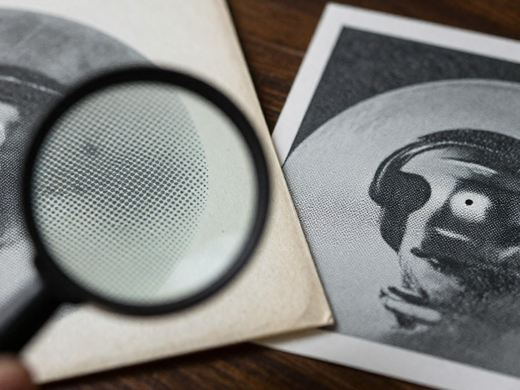 Close-up of original print with sharp dots next to a blurry, pixelated reprint, viewed through a magnifying loupe.