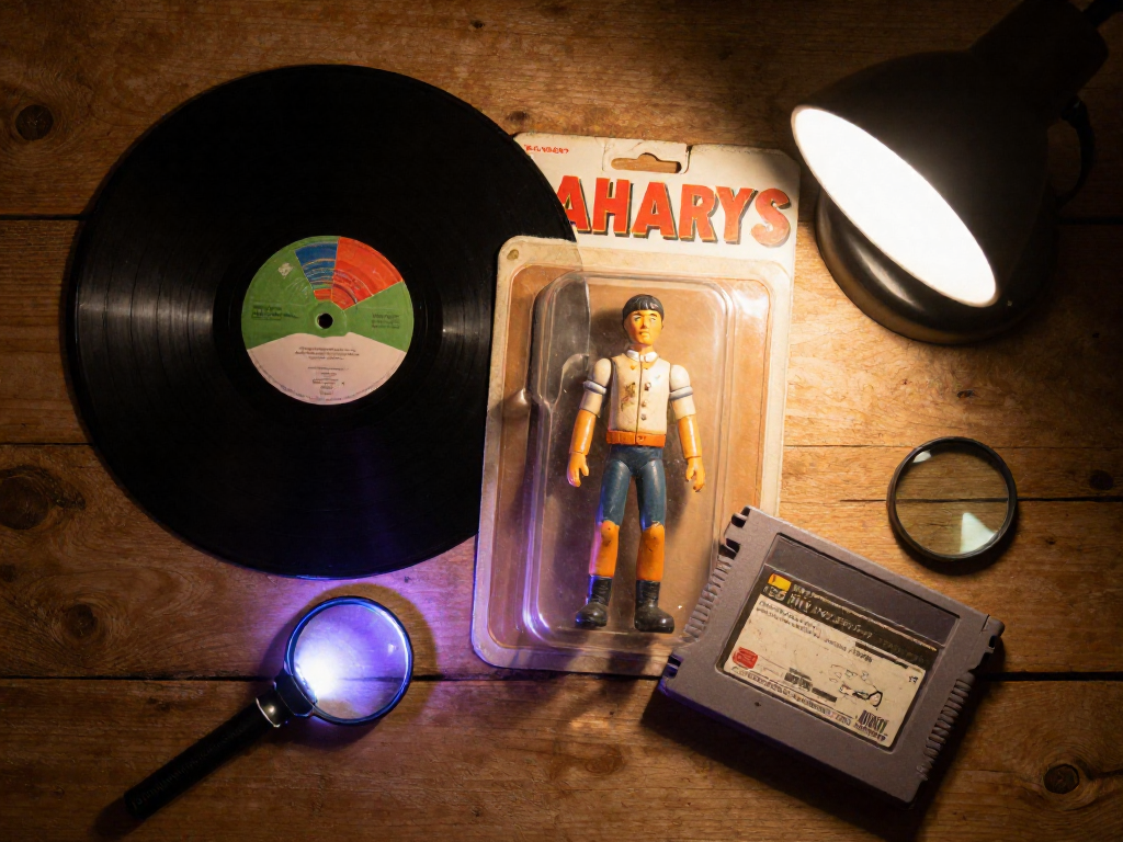 Flat-lay of a vinyl record, a boxed retro action figure, and a game cartridge with inspection tools like a magnifying glass and UV flashlight.