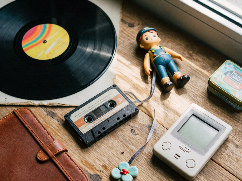 Overhead view of a carefully arranged collection of vintage items including records, cassettes, toys, and a game console on a wooden surface.