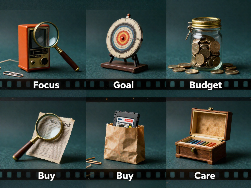 A visual collage of small scenes representing the steps of a collecting journey, including planning, researching, and caring for items.