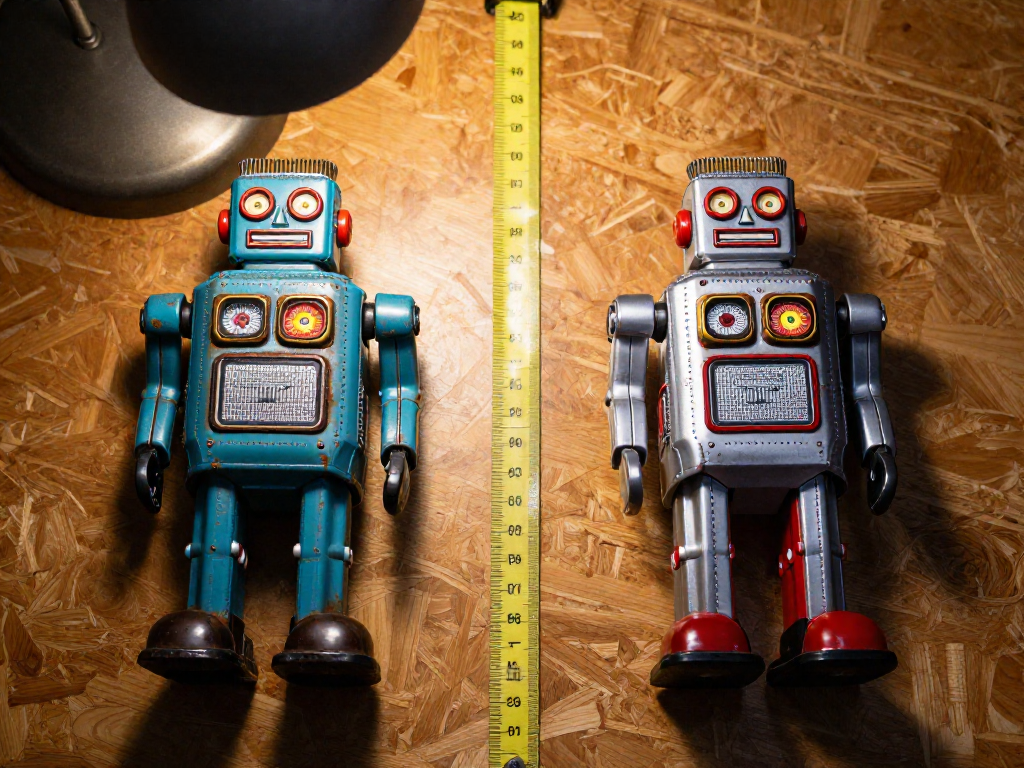Two retro robot toys side by side; one old and worn, the other new and shiny, showing the difference between an original and a reproduction.