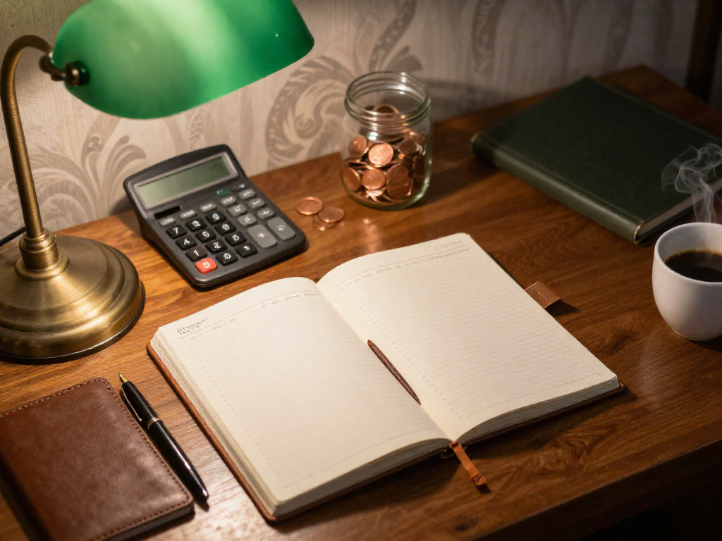 A cozy desk setup with a budget planner, vintage calculator, coin jar, pen, and coffee, evoking mindful financial planning.