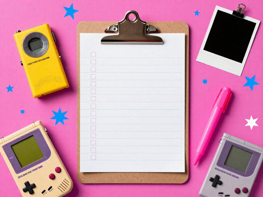 A vertical image of a clipboard with a checklist surrounded by nostalgic items like a Walkman, Game Boy cartridge, and Polaroid photo, against a colorful pop-art background.