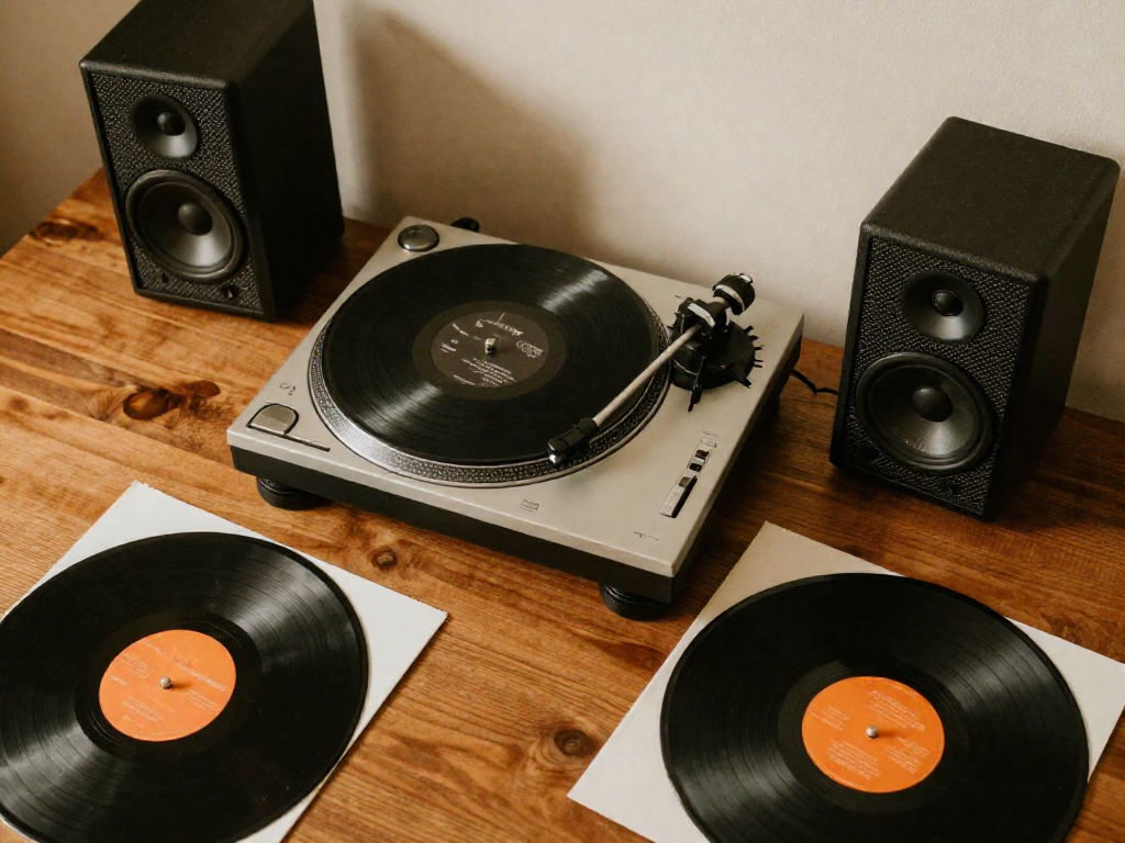 Overhead view of a beginner vinyl setup on a wooden table, including a turntable, bookshelf speakers, and a few records.