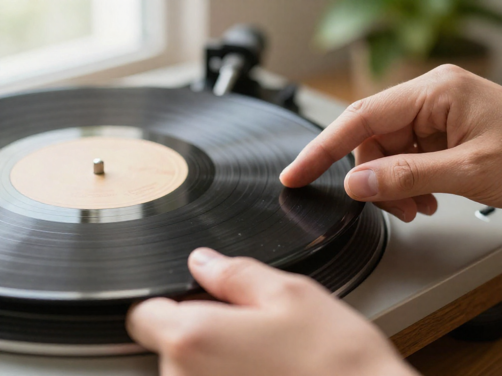 Close-up of hands holding a vinyl record correctly by its outer edges to avoid touching the grooves.