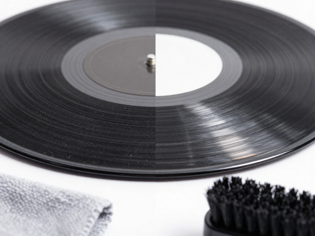 A vinyl record split down the middle, showing a dusty side next to a clean, shiny side after cleaning.