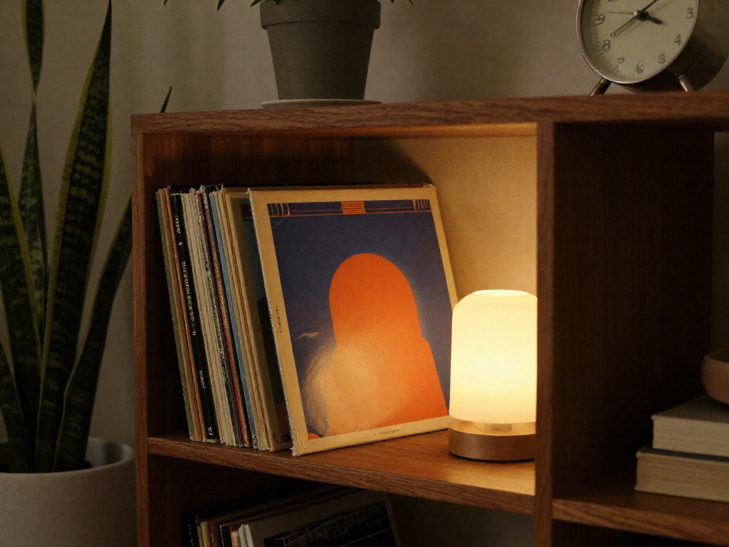 A styled wooden shelf with vinyl records stored vertically and one album cover displayed as art, beside a lamp and a plant.