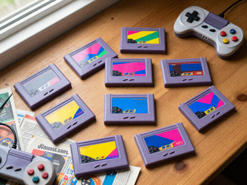 A flat-lay arrangement of colorful retro video game cartridges on a wooden surface, with a classic game controller partially visible.