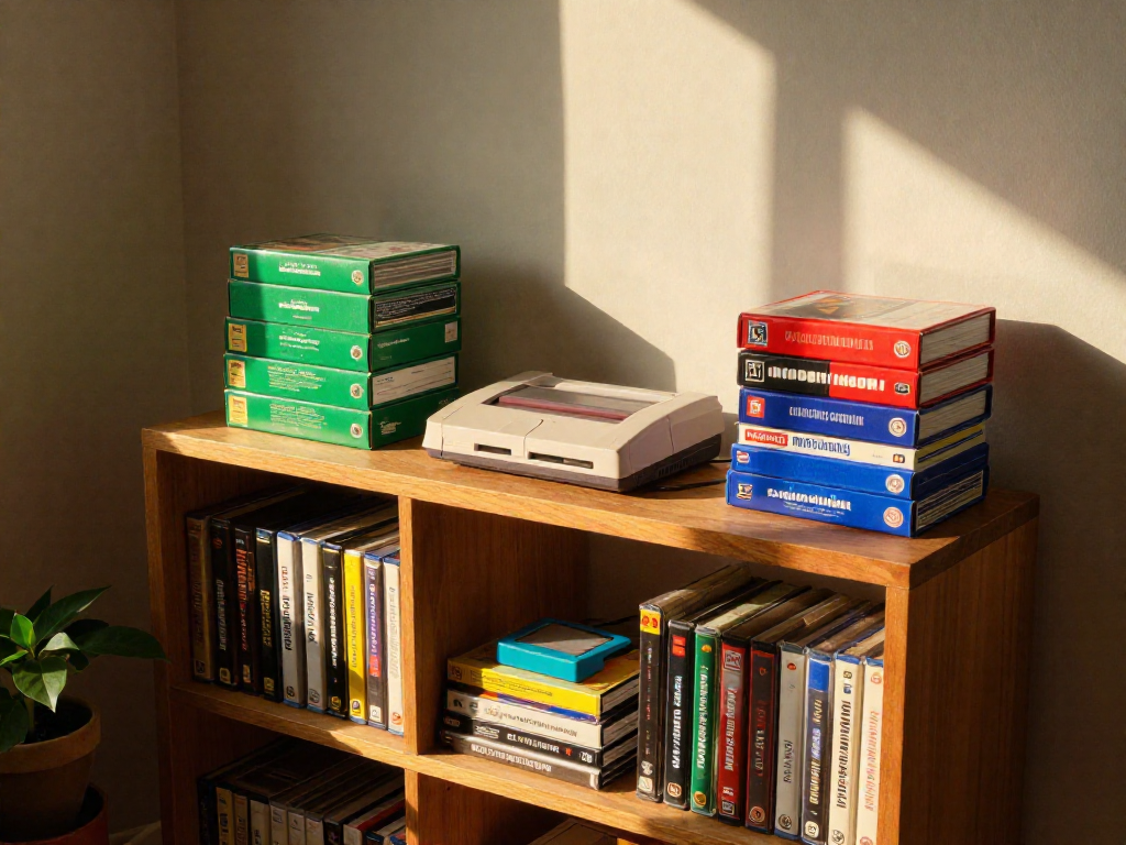 A neatly organized shelf featuring a classic retro game console and a collection of colorful game cartridges in a cozy room.