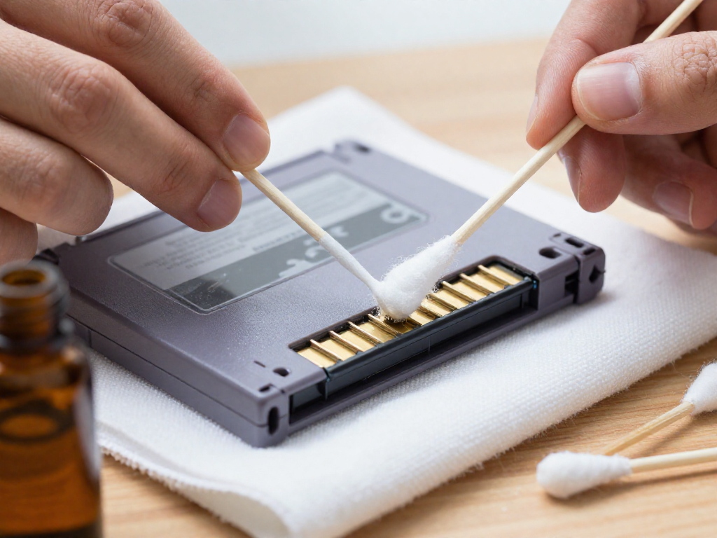A close-up of a hand using a cotton swab to clean the metal connectors of a retro game cartridge, with a small bottle of rubbing alcohol and q-tips nearby.