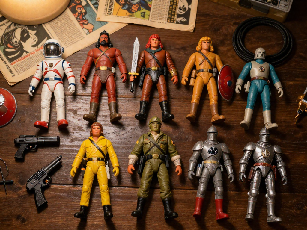 A flat-lay of several well-worn vintage action figures from the 1980s including a space explorer, a warrior, a soldier, and a robot, arranged on a dark wood surface with accessories.