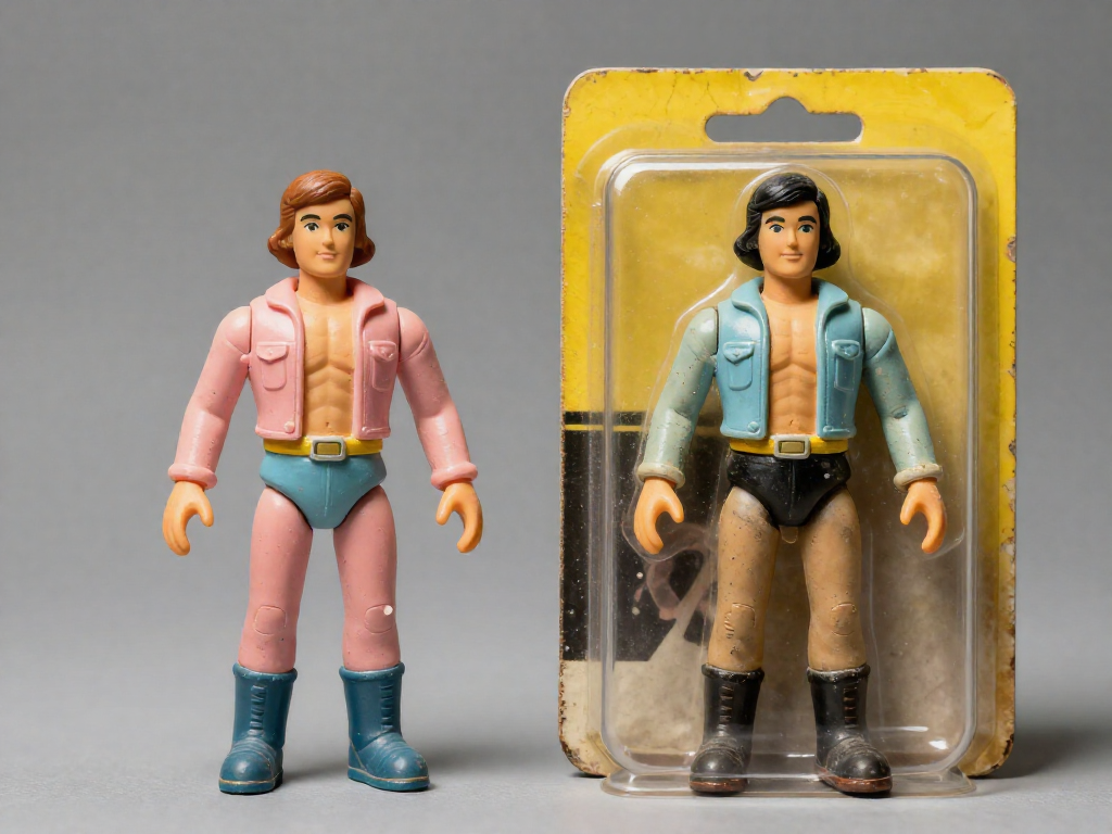 Side-by-side comparison of a loose vintage action figure with minor paint wear and an identical figure sealed on a retro blister card.