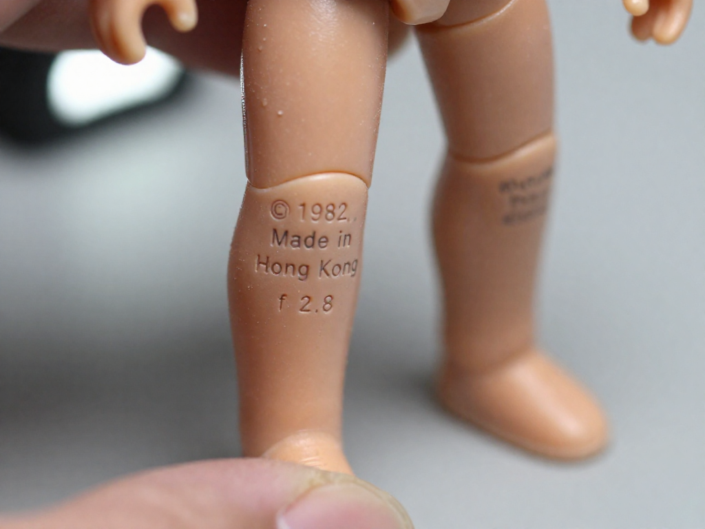 Close-up of a vintage action figure's leg held between fingers, showing raised copyright and manufacturing marks from 1982.