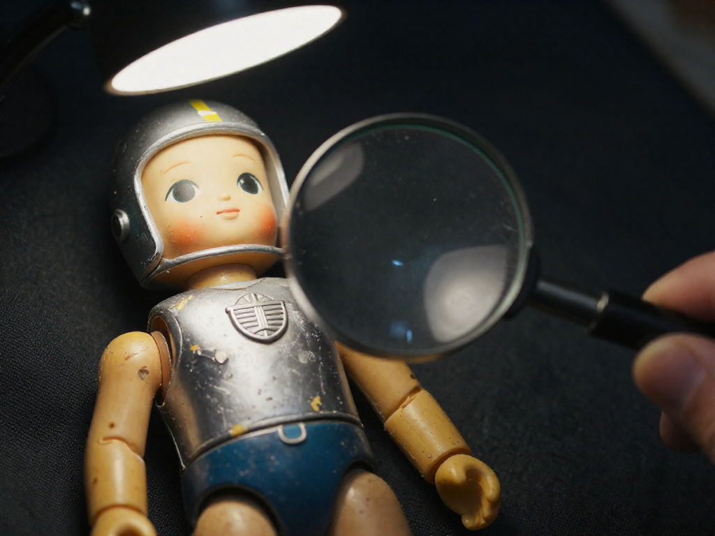 A close-up of a worn vintage action figure showing paint chipping, yellowed plastic, and scratches, with a magnifying glass over the worst area.