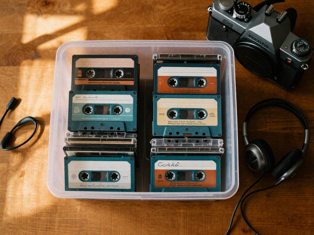 Vintage cassette tapes arranged upright in a labeled storage bin on a wooden surface, with a portable cassette player nearby.