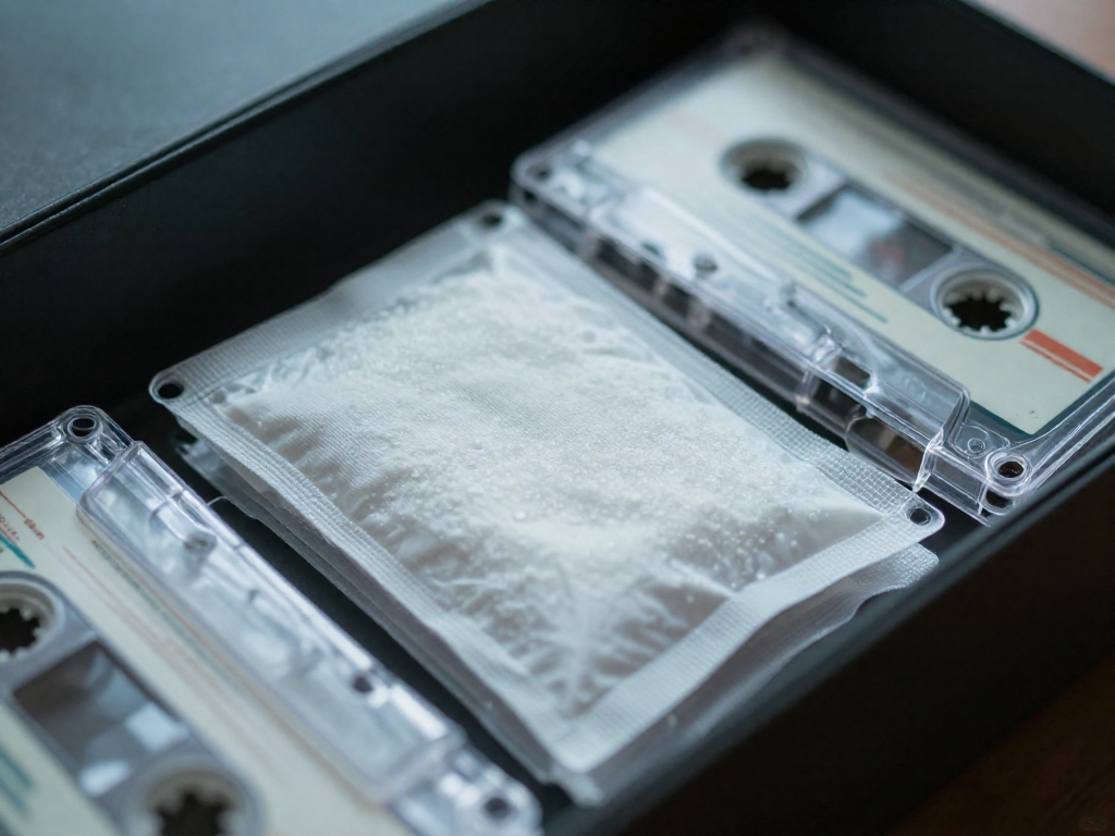 Silica gel packets placed between stack of cassette tapes inside a storage box.