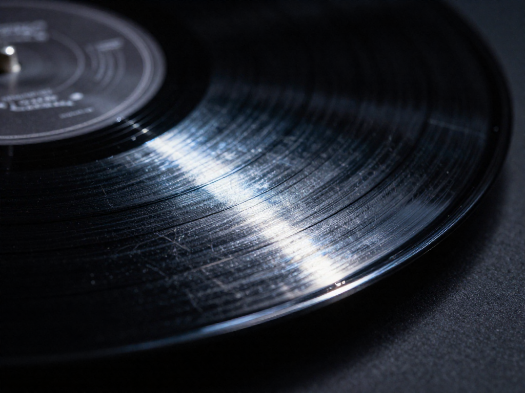 Close-up of a vinyl record tilted under a beam of light, showing shallow scuffs and a deep scratch across the grooves.