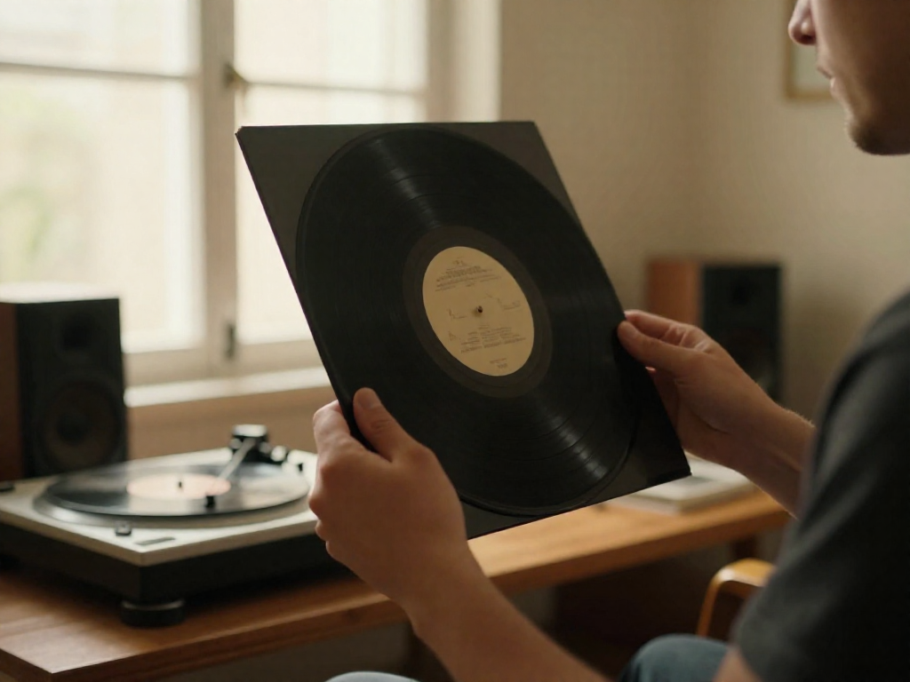 Hands holding a vinyl record on its edge while a person sights down the side to check for warps, with a turntable blurred in the background.