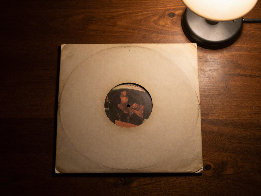 An old record jacket showing circular ring wear and a torn seam, lying on a wooden table with soft lamp light.