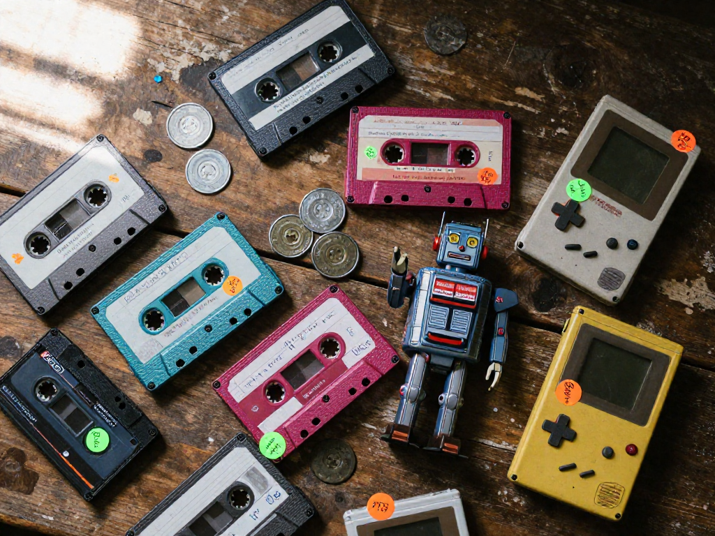An overhead view of retro items including cassettes, an action figure, and arcade tokens spread on a wooden table, each with a small price tag attached.