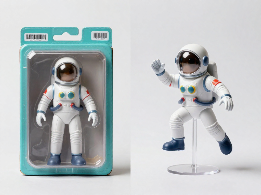 A side-by-side comparison showing one action figure in its original sealed package and the same figure removed and posed on a stand.