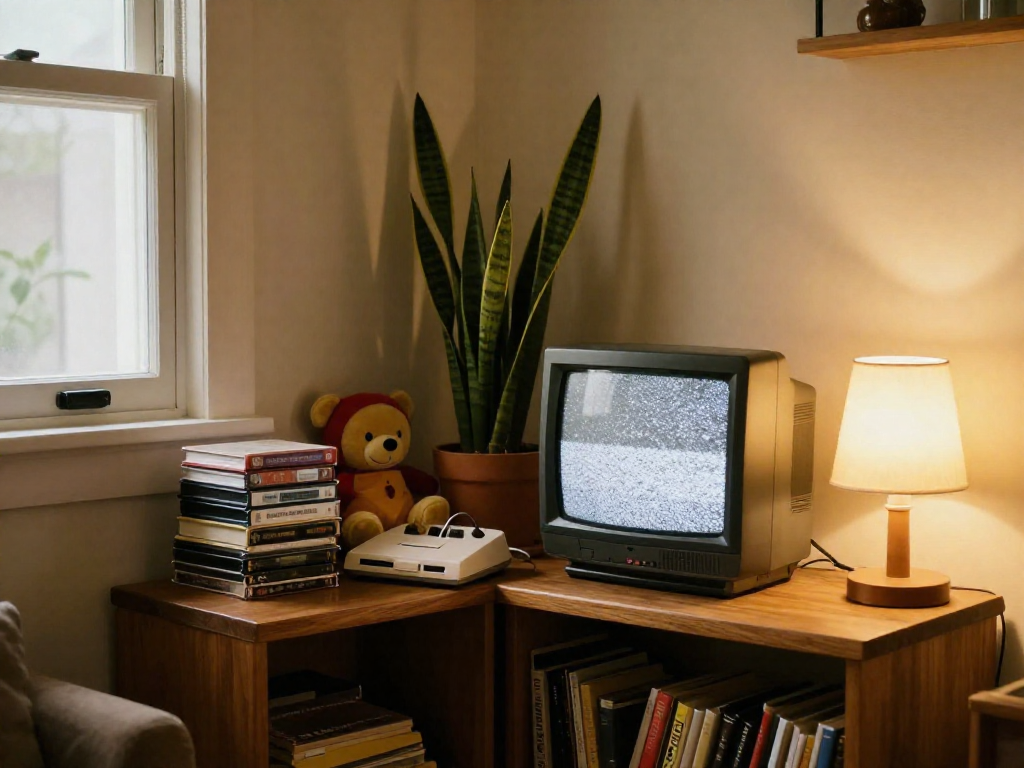A cozy shelf displaying a retro TV, video tapes, a game console, and toys, lit by warm sunlight and a small lamp.