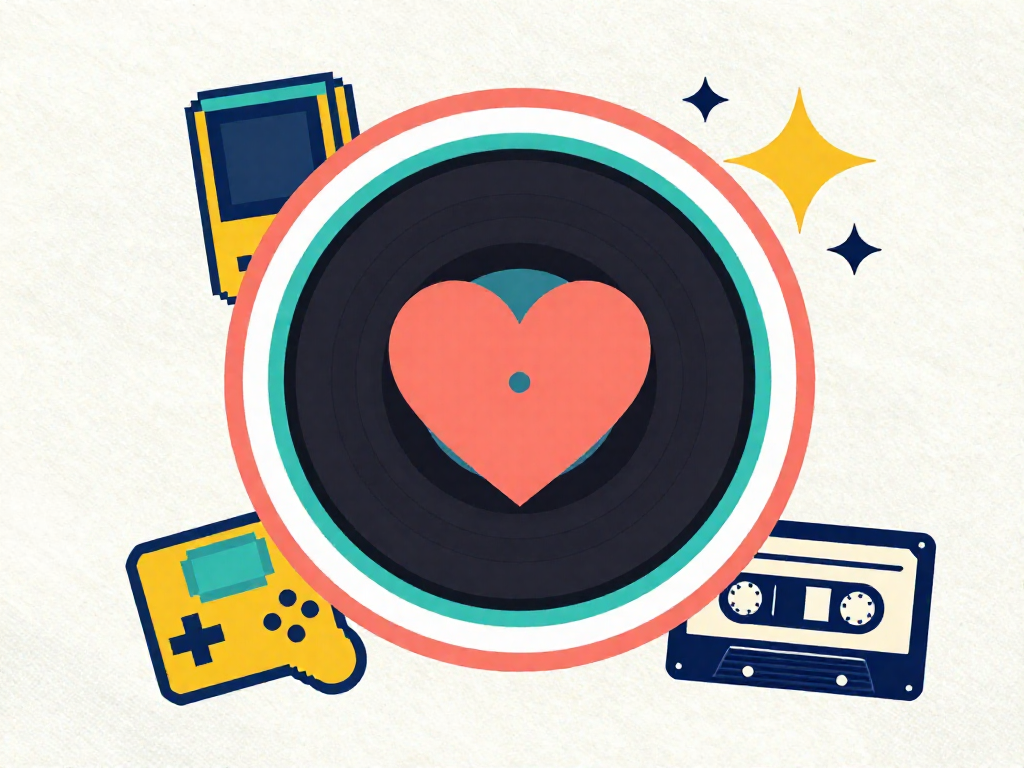 A brightly colored graphic with a record, a heart, and game elements designed like a social media pin.