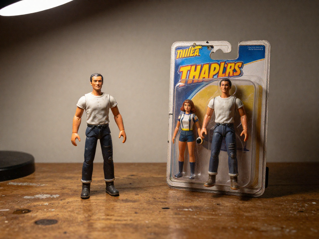 A loose action figure stands next to an identical figure still sealed in its original packaging.