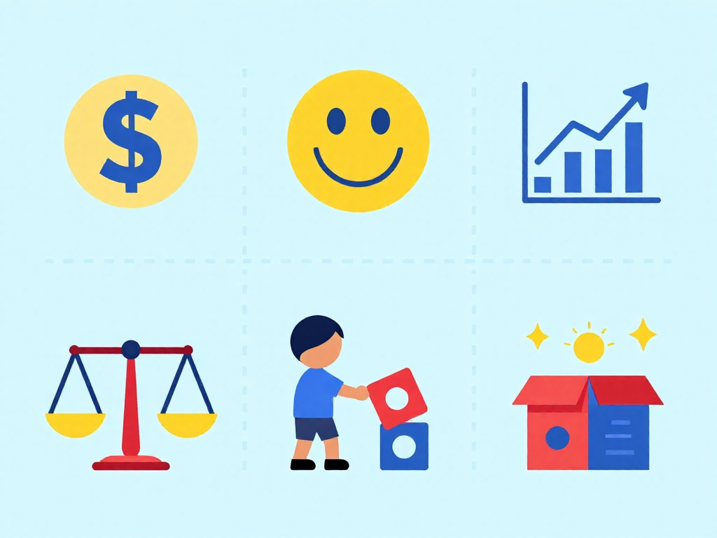 Infographic with icons comparing cost, play value, and resale value for loose and boxed toys.