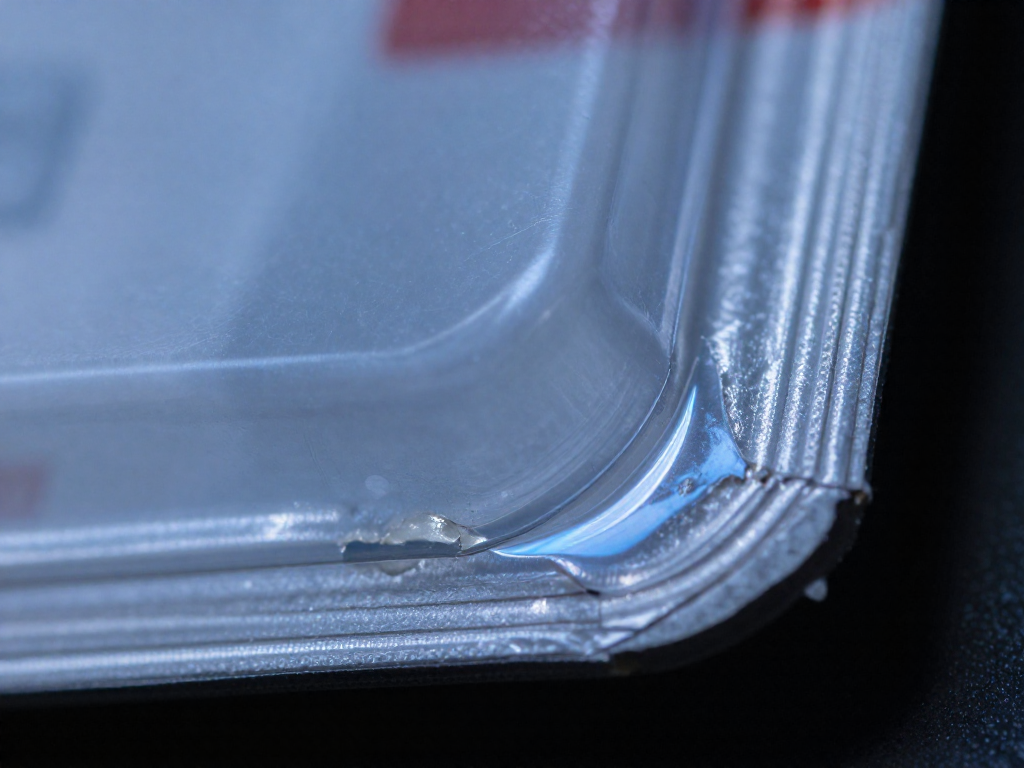 Close-up comparison of a factory-sealed toy package edge and a resealed one with visible glue residue.