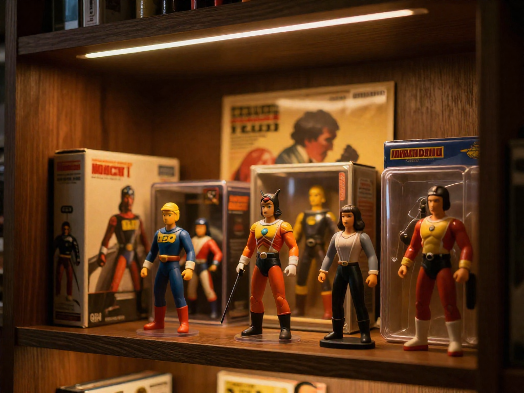 A collector's shelf displaying loose retro toys in front, with sealed boxed figures behind, illuminated by warm backlighting.