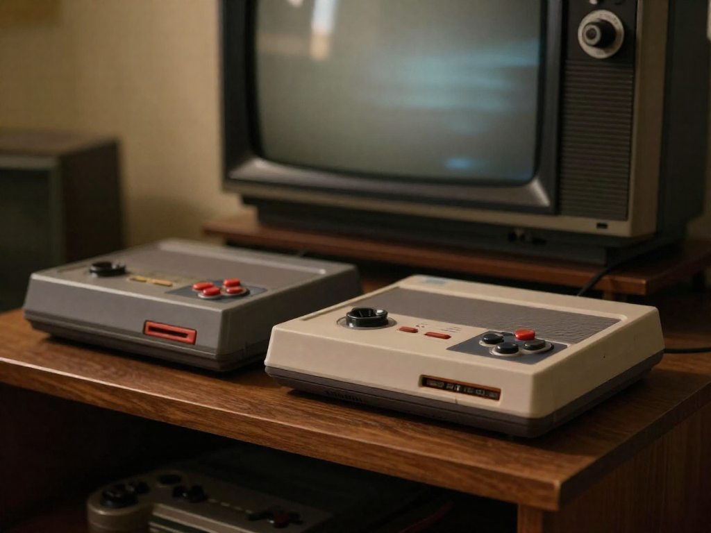 Two retro video game consoles with controllers sit on a wooden stand in front of a glowing CRT television.