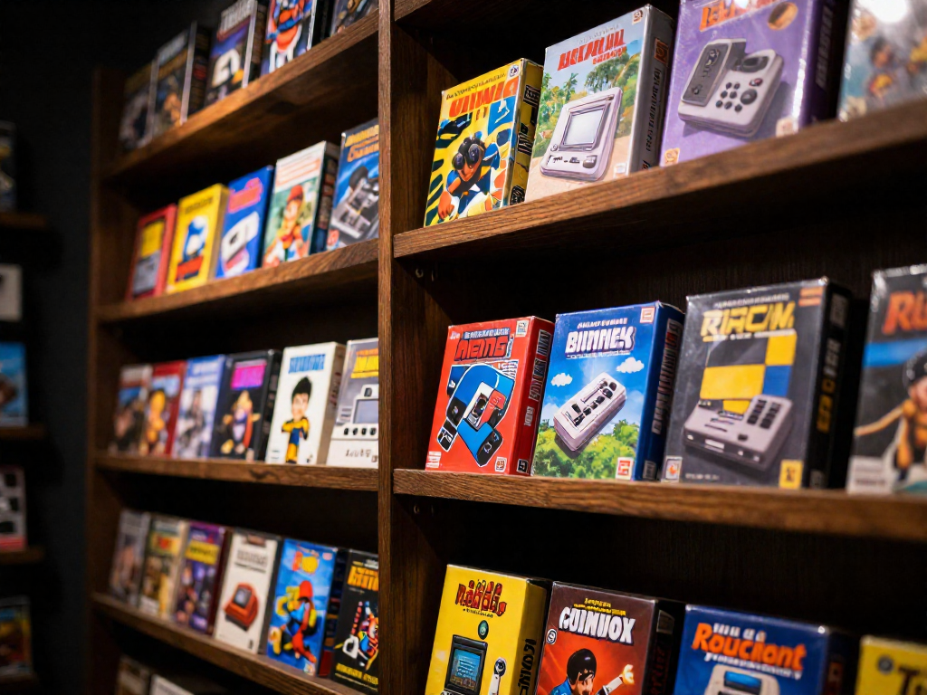 Shelves filled with colorful retro video game boxes, densely packed and lit dramatically from above.