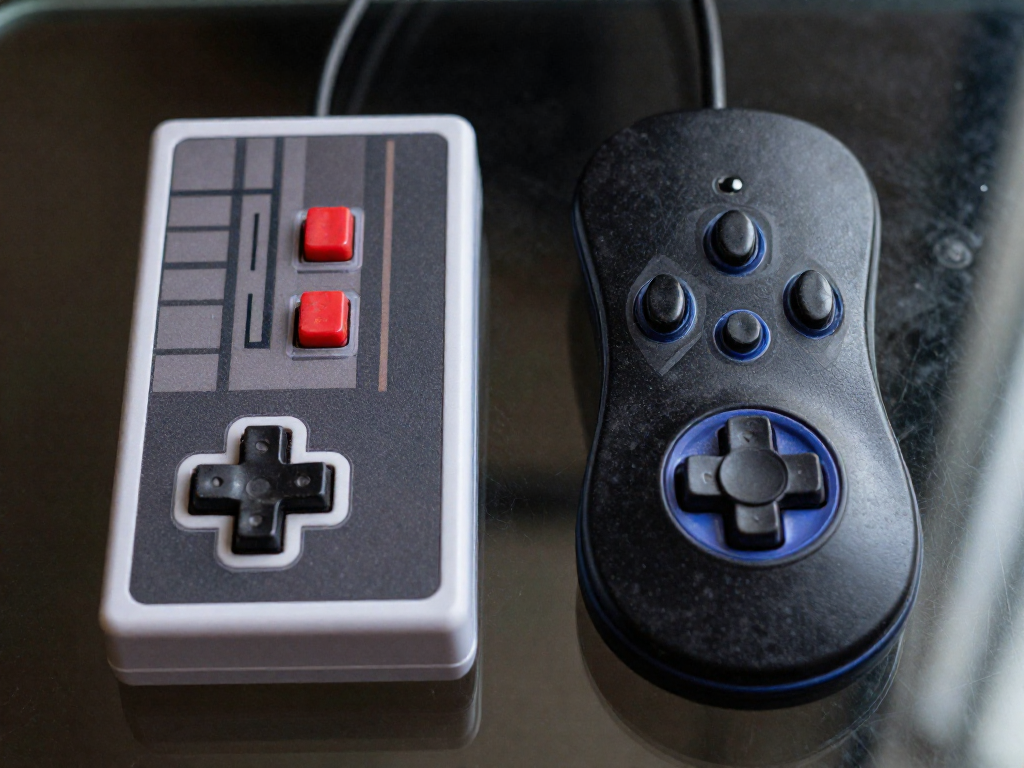 Two vintage video game controllers closely compared from above, showing the directional pads and buttons.