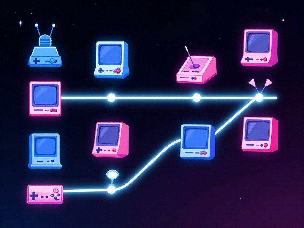 A stylized vertical timeline showing retro gaming console generations with console silhouettes and a neon timeline on a starry background.