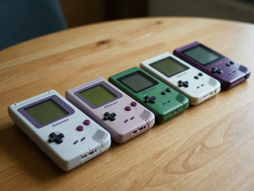A lineup of handheld gaming consoles from Game Boy to PSP arranged on a wooden table, showing their design evolution.
