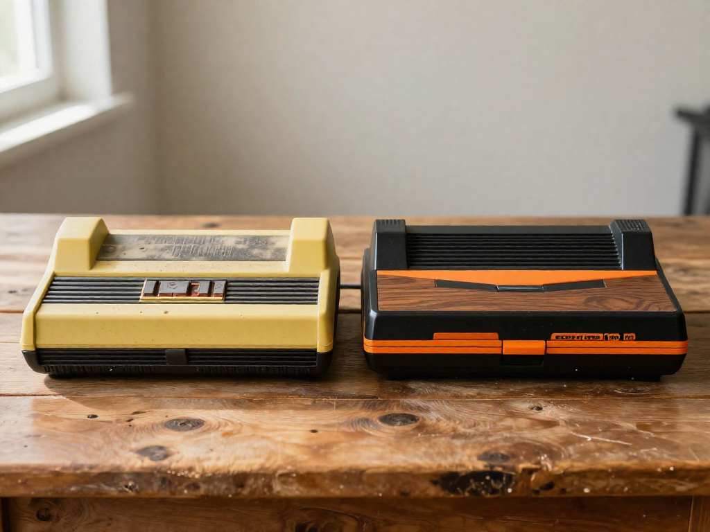 Two Atari 2600 consoles sitting next to each other on a wooden surface. The left one is yellowed and dirty, while the right one is cleaned and looks almost new.