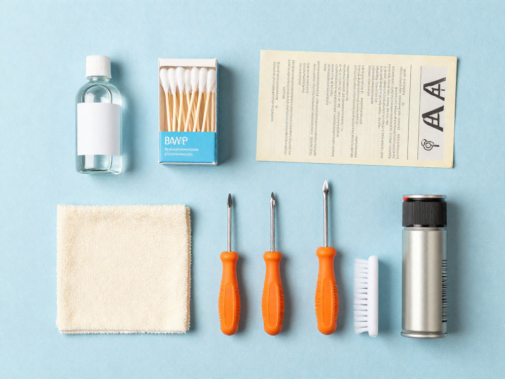 An overhead view of restoration supplies like alcohol, cotton swabs, and a screwdriver set laid out on a blue cloth.
