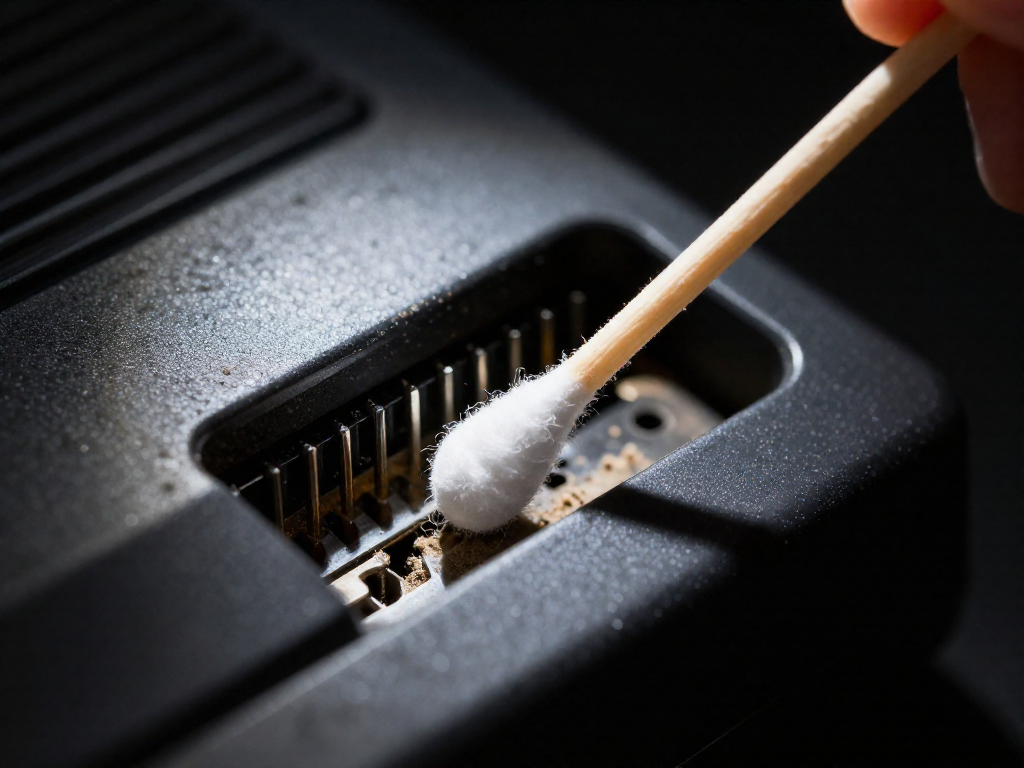 A close-up view of a cotton swab being inserted into the cartridge slot of a game console to clean the internal contacts.