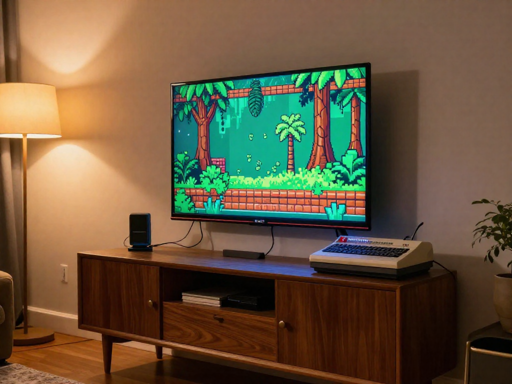 An Atari 2600 console connected to a modern flat-screen TV in a warm living room, with a classic game displayed on the screen.
