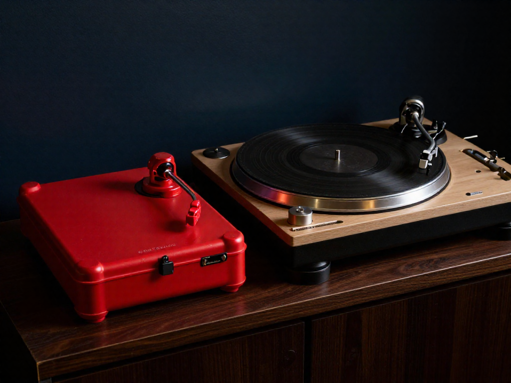 A red suitcase-style record player next to a heavy belt-drive turntable on a dark wooden shelf.