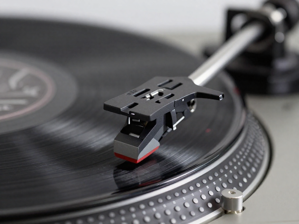 Close-up of a tonearm counterweight and anti-skate dial on a turntable, with the stylus on a record in the background.