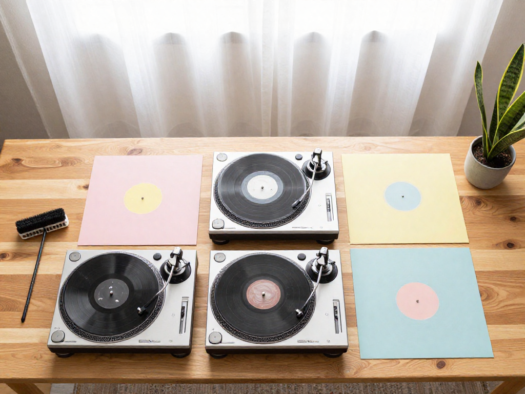 Top-down view of three different turntables on a wood table with vinyl records, a cleaning brush, and a small plant.