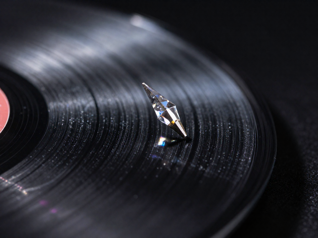 Extreme close-up of a turntable stylus tip resting in the groove of a vinyl record, showing the diamond and detailed ridges.