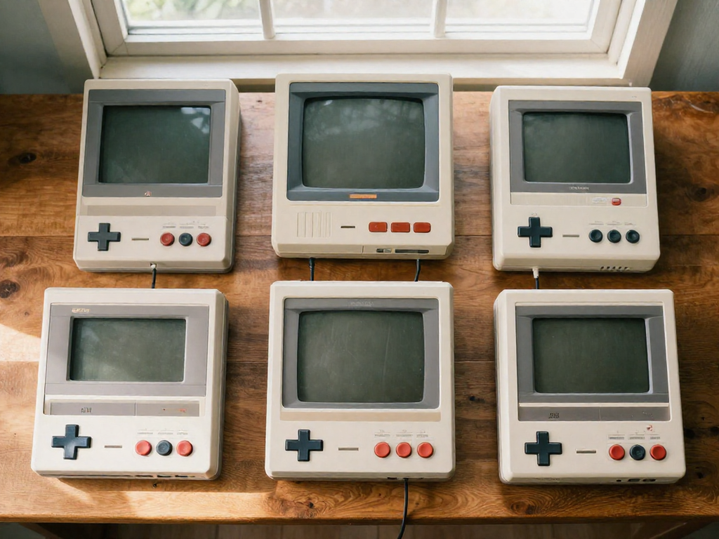 Five vintage video game consoles from the 1980s and 1990s with their controllers arranged neatly on a wooden table.