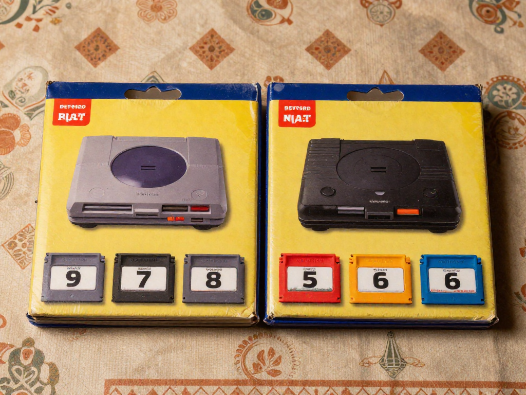 Two vintage console bundles placed side by side for comparison, each with a console and three game cartridges, with indicated price differentials.