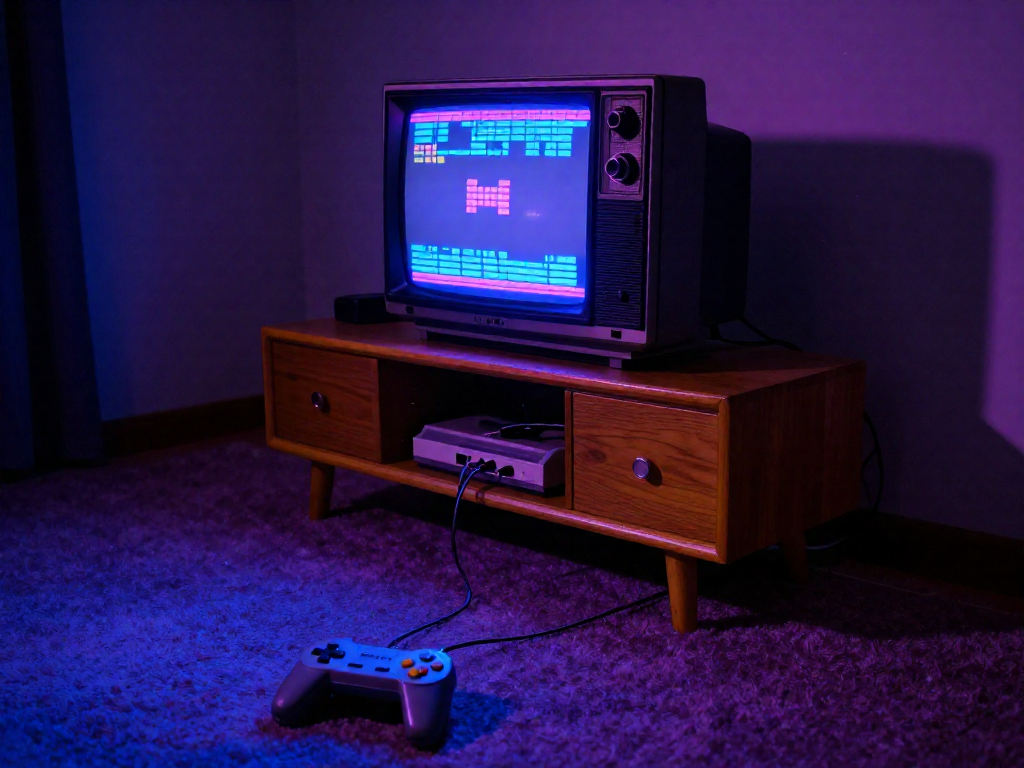 A vintage CRT television displaying a game screen in a dimly lit room, with a classic console and controller nearby.