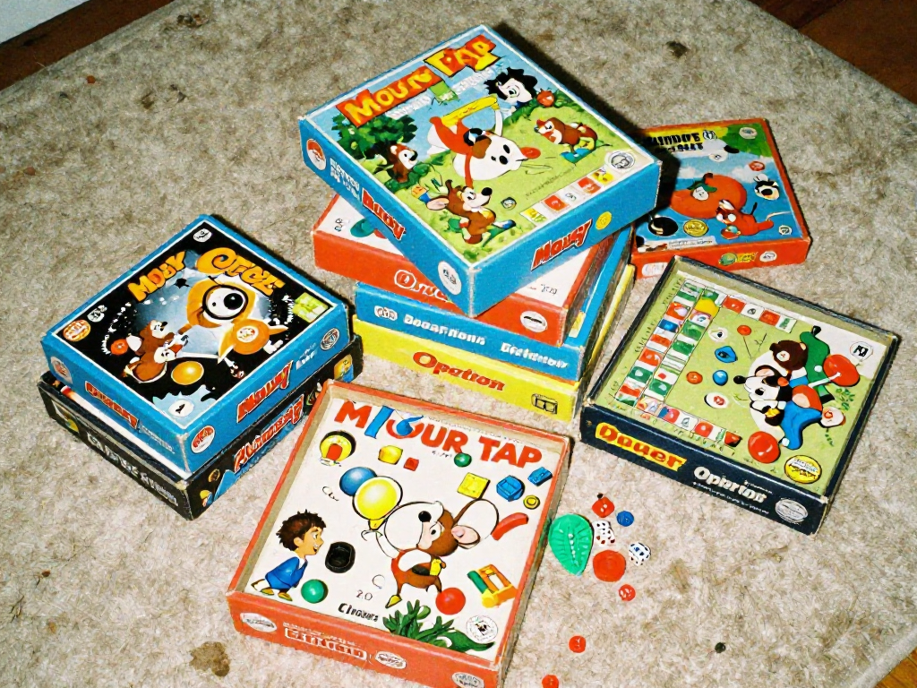 Overhead view of three vintage board game boxes stacked on a beige shag carpet, with game pieces and dice scattered around.